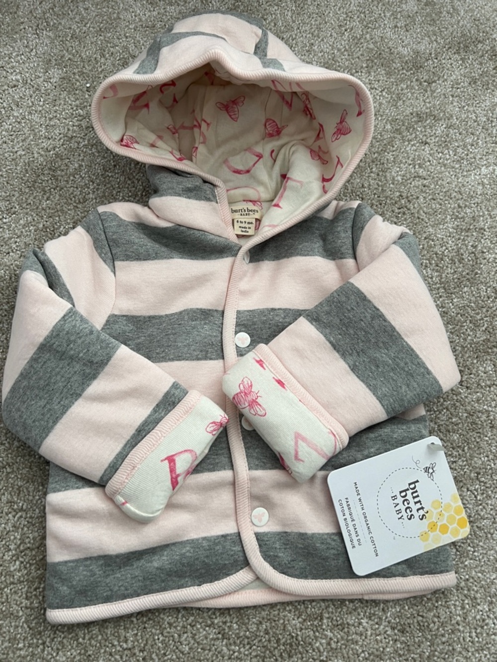 Burt's Bees Baby Pink and Gray Striped Hooded Baby Jacket